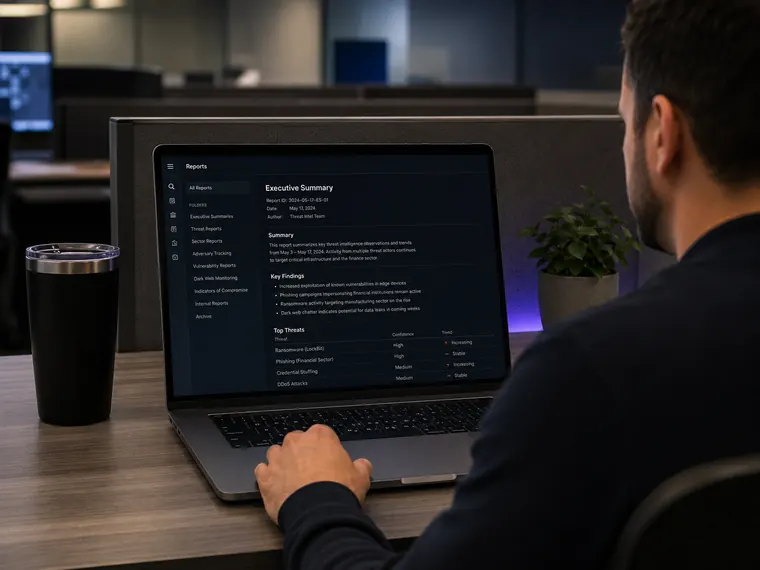 Cyber threat intelligence analyst reviewing reports